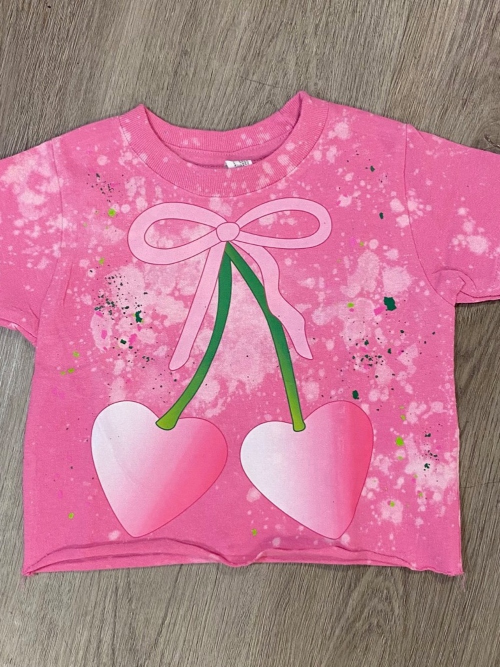 Girls Short Sleeve Pink Cherry Heart Tee with Bow